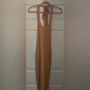 Oh Polly Tan Open Back Halter Tie Bodycon Midi Dress